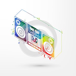 Vector illustration of isometric watercolor tape recorder, rainbow paints. Old fashion vintage boom box, retro cassette
