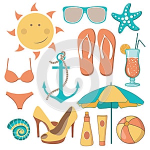 Vector illustration of items related to the beach activities