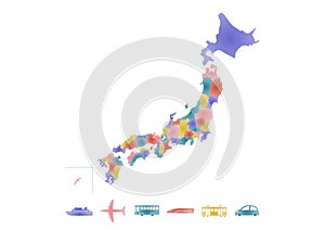 Vector illustration of Japan map and transportation icons. Colorful gradation colors.