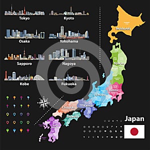 Vector illustration of Japanese flag and prefectures map colored by regions. Largest city skylines