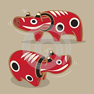 Vector illustration of Japanese folk toy - shaking head red cow Akabeko.