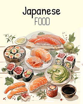 A vector illustration of Japanese Food Cuisine. Vector illustration watercolor japanese food