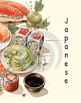 A vector illustration of Japanese Food Cuisine. Vector illustration watercolor japanese food