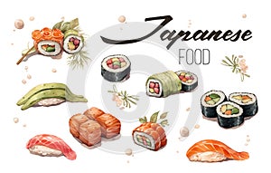 A vector illustration of Japanese Food Cuisine. Vector illustration watercolor japanese food