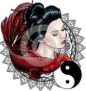 vector illustration of Japanese geisha with betta fish