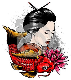 Vector illustration of Japanese geisha feeding sacred Koi carps at autumn time.