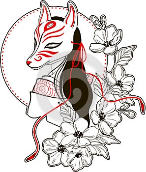 Vector illustration japanese girl in kabuki mask