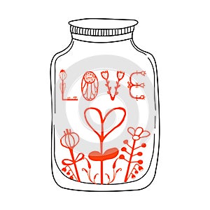 Vector illustration with jar, hearts and lettering words - love. Cute and romantic background with text.