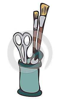 Vector illustration of jar with scissors and brushes.