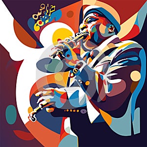 Vector illustration of jazz musician playing the clarinet on colorful background. AI Generated