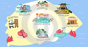 Vector illustration of Jeju Island. Jeju-do map with Jeju attractions: botanical garden, bear museum, waterfall, houses, diving