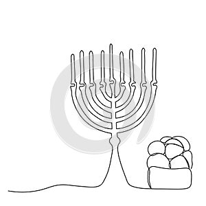 Vector illustration. The Jewish holiday of Hanukkah. The candlestick. Bread. Drawing with one line