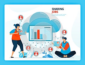 Vector illustration for jobs sharing and cloud network service. Human vector cartoon characters. Design for landing pages, web,