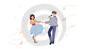 Vector illustration of joyful young people who perform together. A man and a girl sing and dance together, holding hands. An