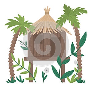 Vector illustration of jungle hoot with palm trees and leaves isolated on white background. Tropical bungalow on stilts picture. photo