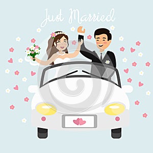 Vector illustration of just married couple driving a white car in honeymoon trip. Wedding bride and groom in flat