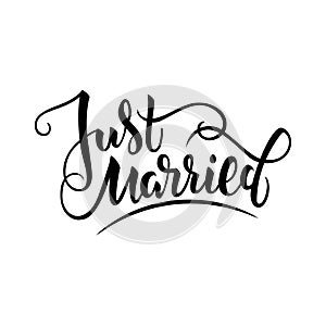Vector illustration of just married text with background and textures for wedding. Handwritten modern calligraphy just married car