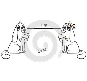 Vector illustration. Keep a distance of 1 meter. Hold the remote sign with white dogs.