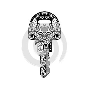 Vector illustration key with  ornament.  Hand drawn ornate key