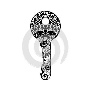 Vector illustration key with  ornament.  Hand drawn ornate key