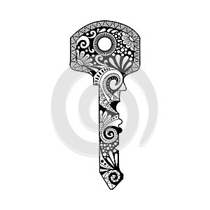 Vector illustration key with  ornament.  Hand drawn ornate key