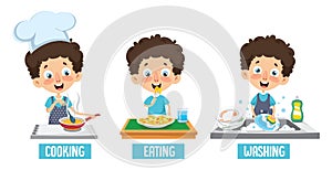 Vector Illustration Of Kid Cooking, Eating And Washing Dishes