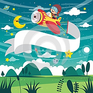 Vector Illustration Of Kid Flying Plane With Banner