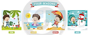 Vector Illustration Of Kid And Four Seasons