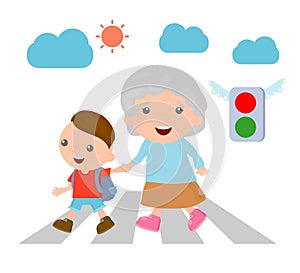 Vector illustration of kid helping senior lady crossing the street, Boy helping old lady cross the street.