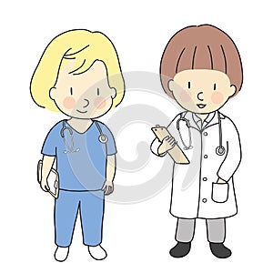 Vector illustration of kid professions, doctor and nurse. What I want to be when grow up. Children occupations costume. Childhood