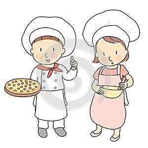 Vector illustration of kid professions, pizza chef & cook. What I want to be when grow up. Children occupations costume. Childhood