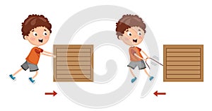 Vector Illustration Of Kid Pushing And Pulling