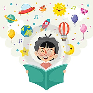 Vector Illustration Of Kid Reading Book