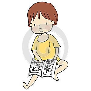 Vector illustration of kid sitting on floor and reading a book