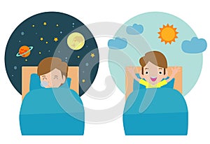 Vector Illustration Of Kid Sleeping And Waking, child sleeping on tonight dreams, good night and sweet dreams. photo