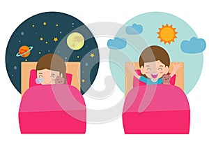 Vector Illustration Of Kid Sleeping And Waking, child sleeping on tonight dreams, good night and sweet dreams. photo