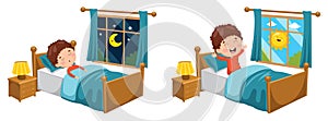 Vector Illustration Of Kid Sleeping And Waking Up