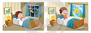 Vector Illustration Of Kid Sleeping And Waking Up