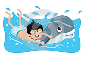 Vector Illustration Of Kid Swimming With Dolphin