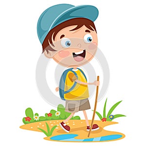 Vector Illustration Of Kid Trekking