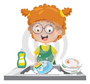 Vector Illustration Of Kid Washing Dishes