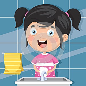 Vector Illustration Of Kid Washing Hands