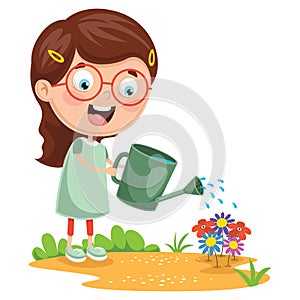 Vector Illustration Of Kid Watering Flowers