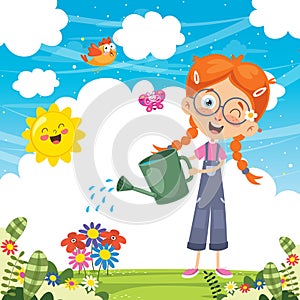 Vector Illustration Of Kid Watering Flowers