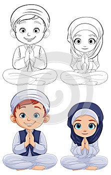 Kids in cultural attire praying ,outline and color