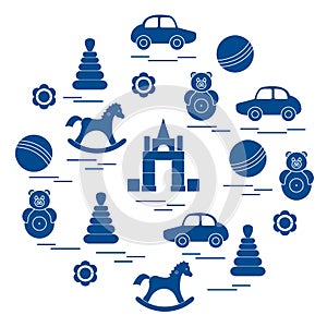 Vector illustration kids elements arranged in a circle: car, pyramid, roly-poly, ball, cubes, rocking horse, rattle.