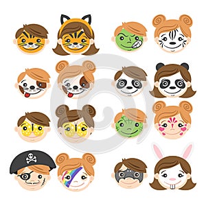 Vector illustration of kids faces. Face painting for kids.