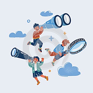 Vector illustration of kids make searching together. Boys and girl with binoculars, magnifying glass, telescope