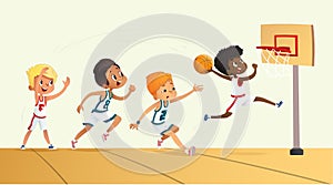 Vector Illustration Of Kids Playing Basketball. Team Playing Game. Team competition.