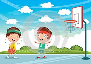 Vector Illustration Of Kids Playing Basketball
